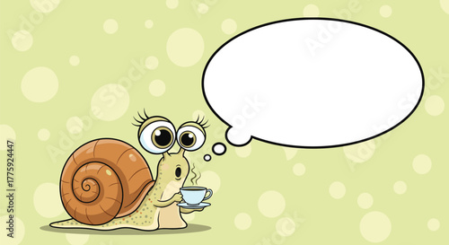 A charming cartoon snail holds a steaming cup of tea, deep in thought with a blank speech bubble ready for a message.