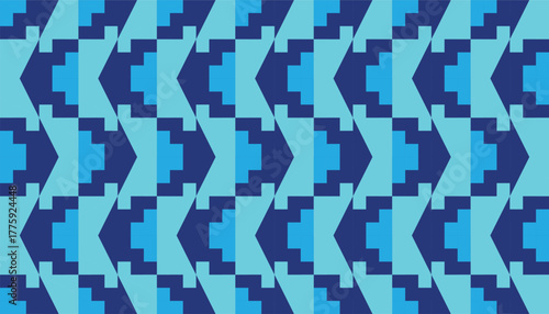 A seamless geometric pattern featuring bold zigzag and staircase-like shapes in shades of blue. The alternating light and dark tones create a dynamic, rhythmic, and modern visual effect