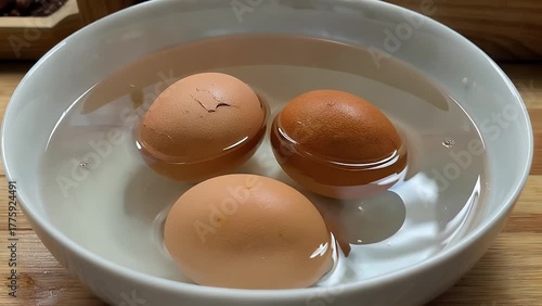 shelled eggs cooked in boiling water until the yolks are firm  shown partially submerged in a transparent bowl filled with