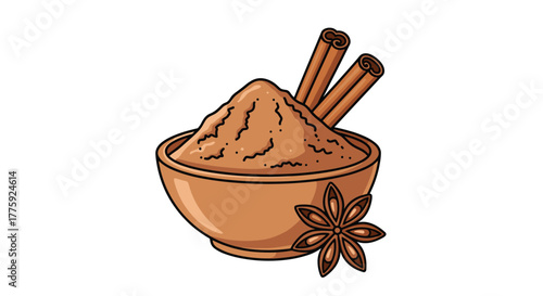 A ceramic bowl filled with aromatic cinnamon powder and sticks, accompanied by a decorative star anise pod, showcasing common baking and cooking spices.