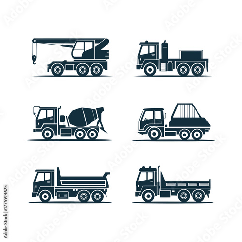 Collection of six different construction trucks and vehicles in silhouette