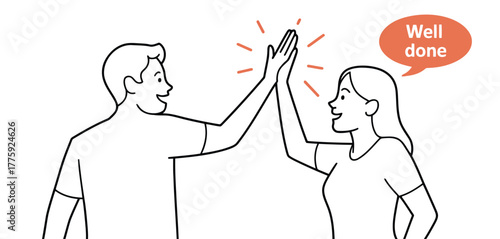 Two people giving each other a high five with a speech bubble saying Well done Keywords: high five, success, achievement, celebration, teamwork