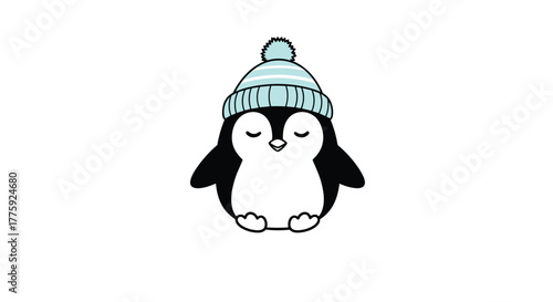 A charming cartoon penguin, wearing a cozy light blue knitted winter hat with a pom-pom, depicted with closed eyes in a peaceful moment.