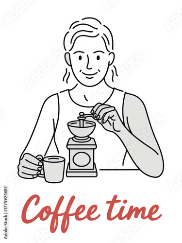 Woman Grinding Coffee Beans with a Manual Grinder and Holding a Cup of Coffee with Text vector illustration