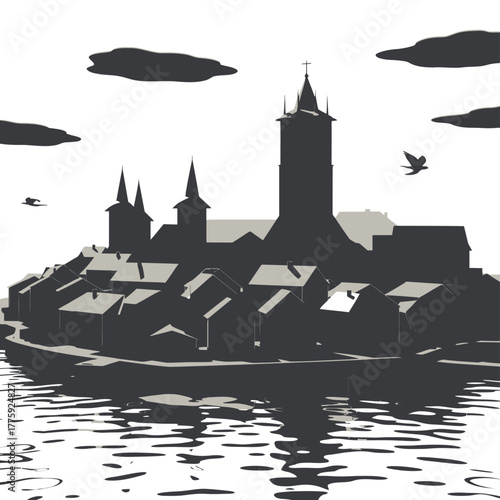 Silhouette of a medieval island town with church towers and reflection in water