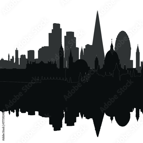 London skyline silhouette with reflections in monochrome