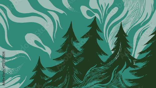 Hand drawn, moody forest background featuring dark pine tree silhouettes against an abstract, smoky green sky. Woodcut-style texture for a vintage, nature, or wilderness design.