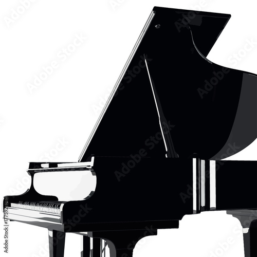 Elegant black grand piano with open lid on a white background