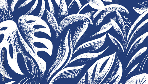 Bold, tropical foliage pattern in deep indigo and white. Hand drawn leaves, including Monstera, use a stipple halftone texture for a dynamic, high contrast jungle background.
