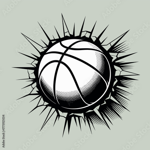 Exploding basketball bursting through surface with sharp shards