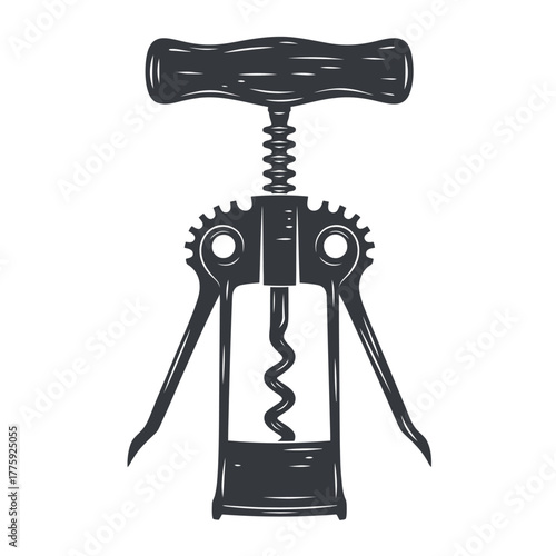 Vintage corkscrew illustration with t shaped handle and wings
