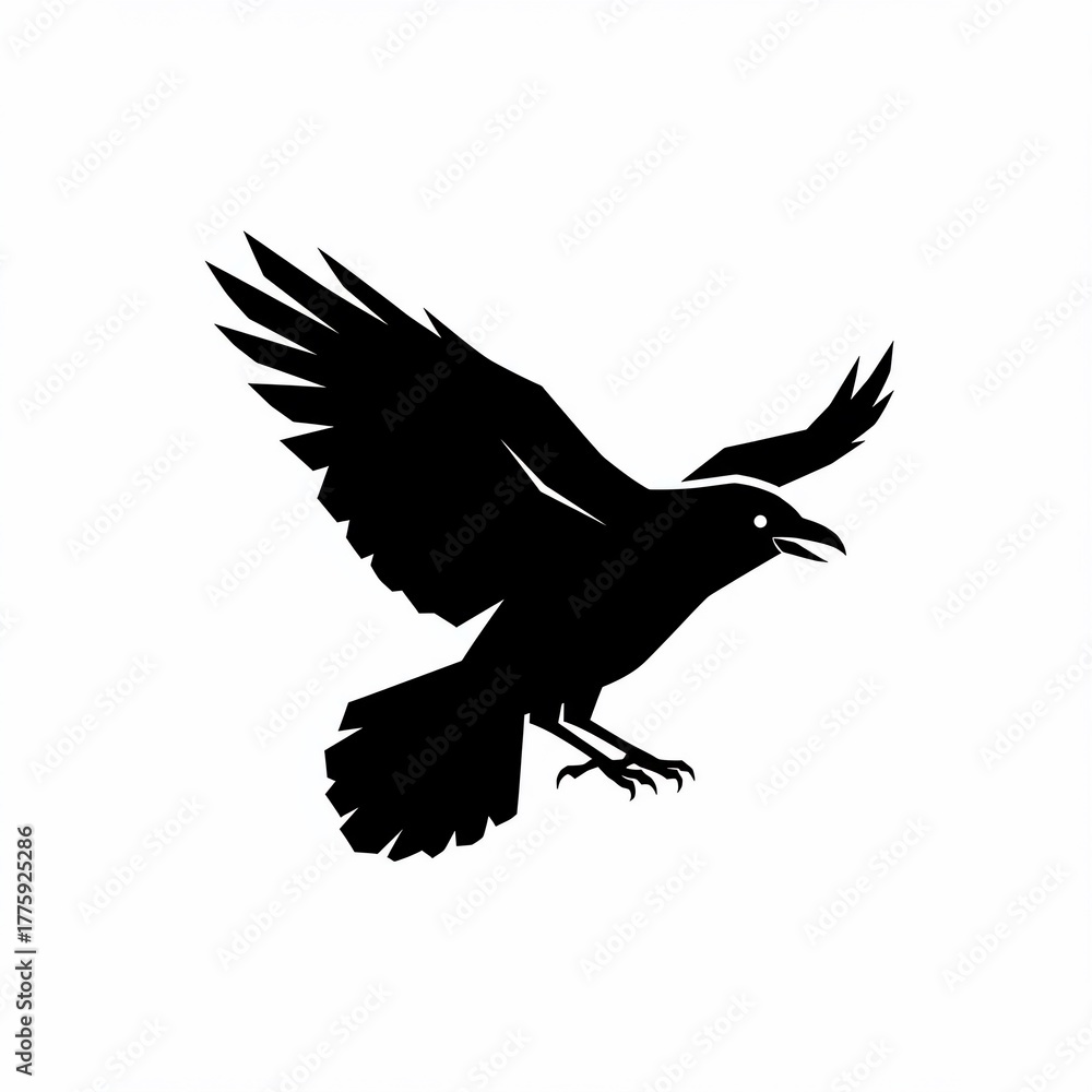 Obraz premium A silhouette of a crow in mid-flight, wings spread, beak open, rendered in black against a white background