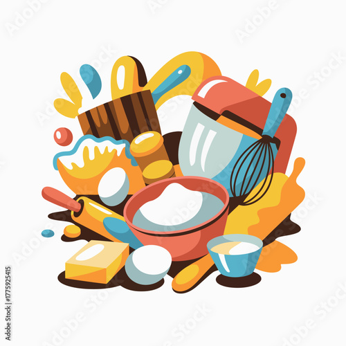 Baking ingredients and tools arranged in a colorful abstract composition