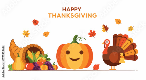 Happy Thanksgiving greeting card with a cute pumpkin, turkey, and cornucopia full of harvest vegetables and fruits.
