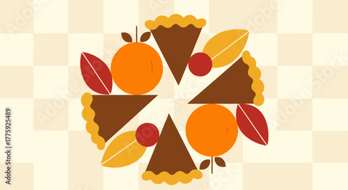 A circular arrangement of pie slices, oranges, and autumn leaves on a checkered background.