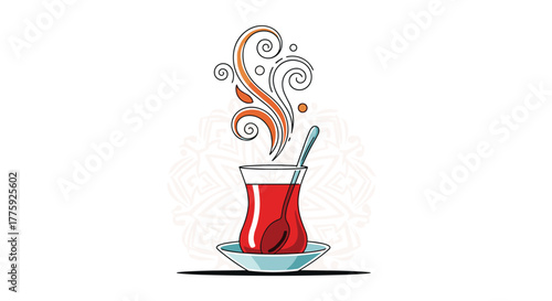 Stylized illustration of a traditional hot red tea in a classic glass with a spoon, steam rising, on a saucer with a subtle background pattern.
