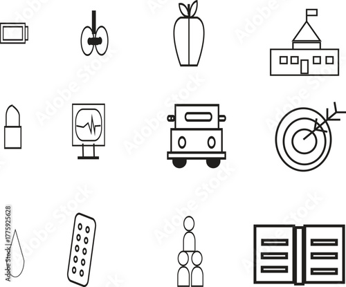 Health, Education, and Business Line Icon Set: Organ, Apple, Target, and Team Structure