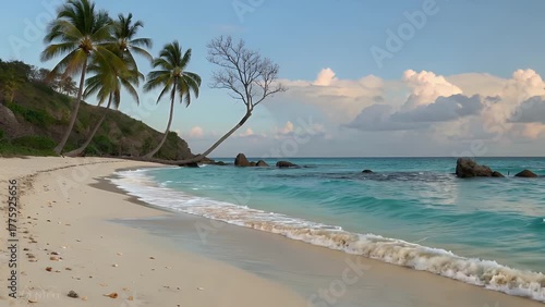 serene and picturesque coastline scene featuring immaculate white sands meeting transparent azure blue ocean waters  embodying an idyllic and remote island