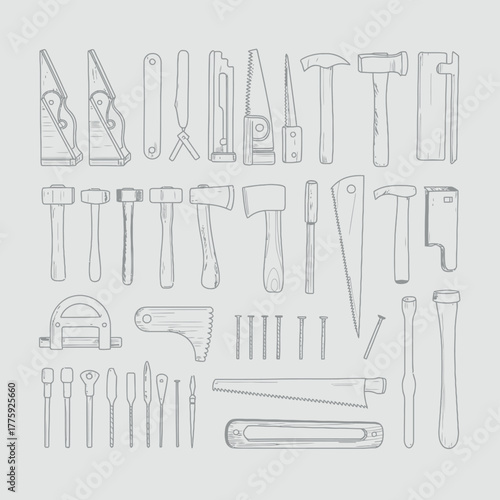 Collection of hand drawn tools and measuring instruments on a light gray background