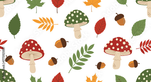 Autumn seamless pattern featuring colorful leaves, acorns, and toadstools on a crisp white background, ideal for seasonal designs.