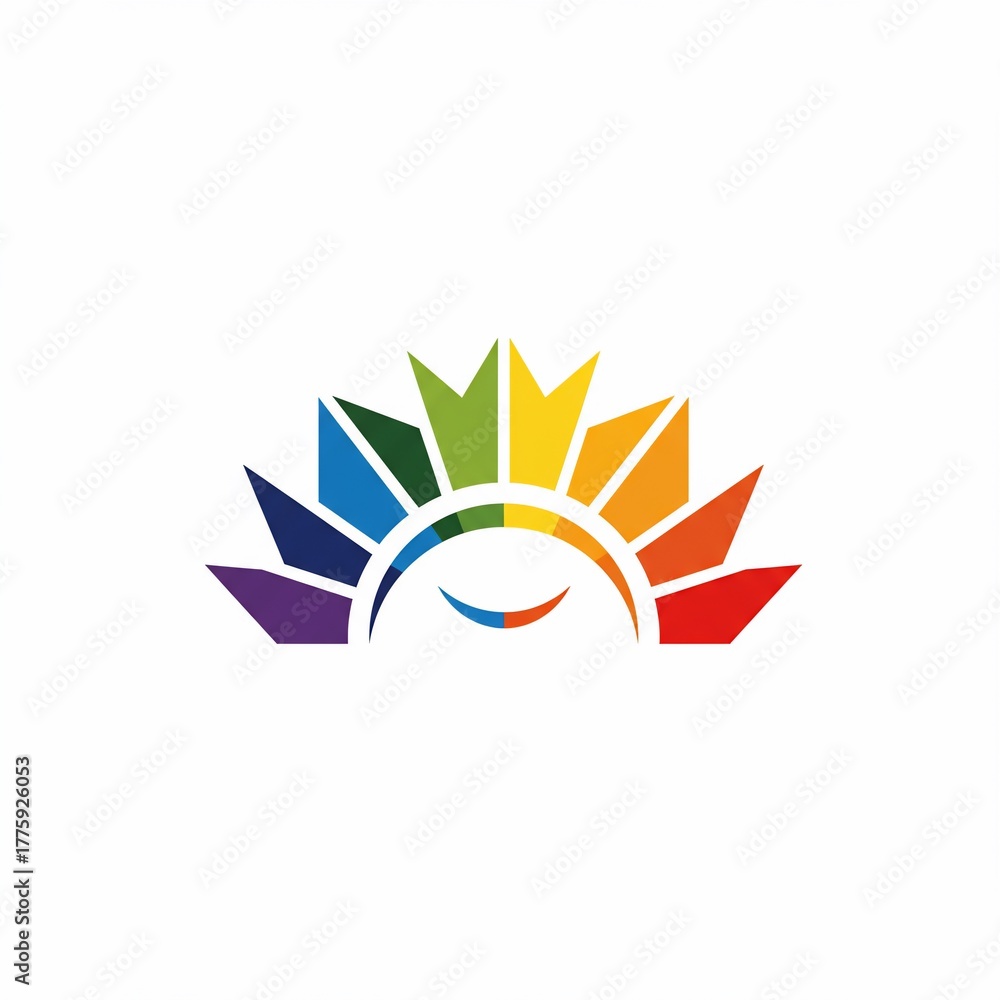 Obraz premium A stylized rainbow-colored arc cresting over a crescent, resembling a blossoming flower or sun. Bold, geometric shapes create the design
