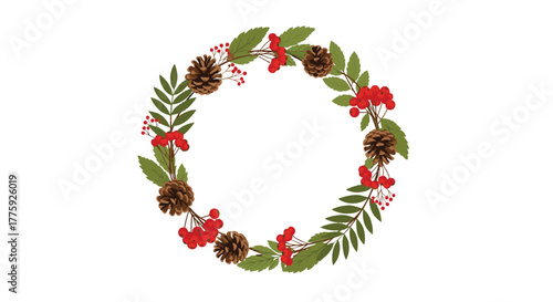 A festive holiday wreath featuring green leaves, bright red berries, and natural pine cones arranged in a circular design on a white background.