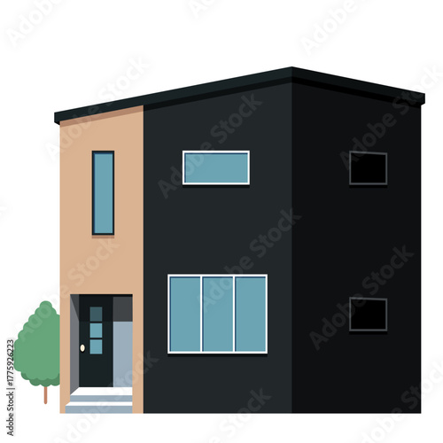 Vector illustration of a modern detached house from an angle. 斜めから見た戸建て住宅のベクターイラスト