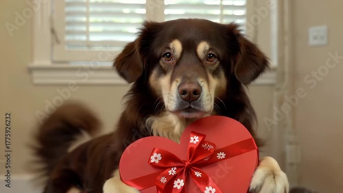 Canine Portrait Featuring a Crimson Heart-Shaped Present Box for Valentine's