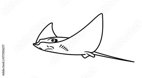 A simple black and white cartoon drawing of a stylized manta ray or stingray with a slightly grumpy expression, swimming to the left on a plain white background.