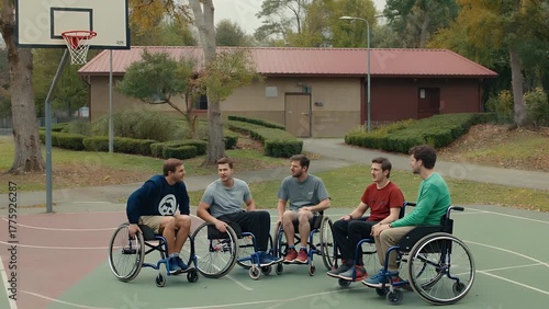 group of companions utilizing mobility chairs engaged in a conversation on a paved area within a communal urban green