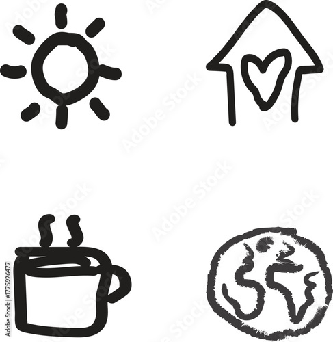 Hand Drawn ‍sun, house, hot coffie, worth