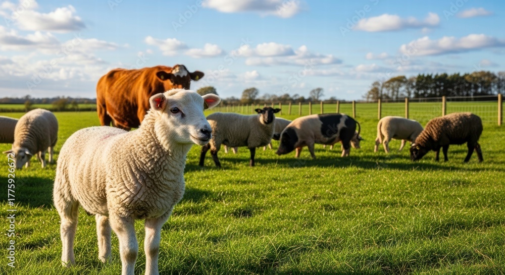 Obraz premium Farm Animals in a Picturesque Landscape: Several sheep and a cow graze peacefully in a lush green pasture under a bright, sunny sky. Capturing the tranquility of rural life.