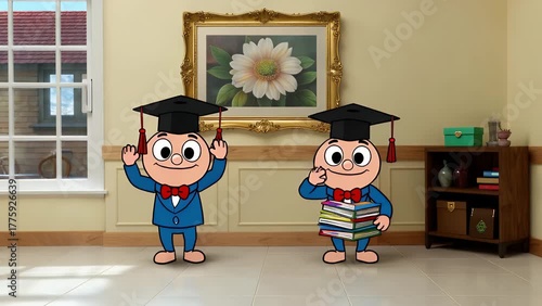 pair of three-dimensional elated figures celebrating alongside a pile of literature and an academic