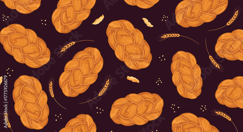 A beautiful seamless pattern featuring golden-brown braided challah loaves, interspersed with wheat ears and scattered grains on a rich dark purple background.