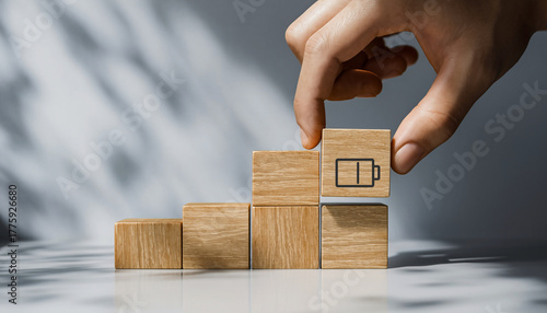 Wallpaper Mural Hand stacking wooden block with battery icon, symbolizing motivation, growth, progress, and energy recharge in business or personal development, with sunlight and shadow background Torontodigital.ca