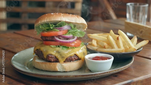 Beef Patty Sandwich Accompanied by Fried Potato Sticks and Condiments on a Circular