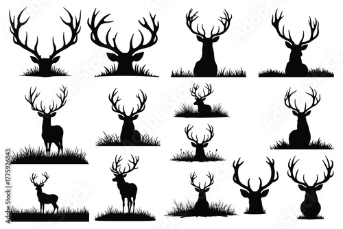 Black silhouettes of deer with antlers in grass white