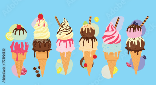 A delightful collection of colorful ice cream cones and a sundae, featuring various flavors, toppings, and drizzles, perfect for a sweet summer treat.
