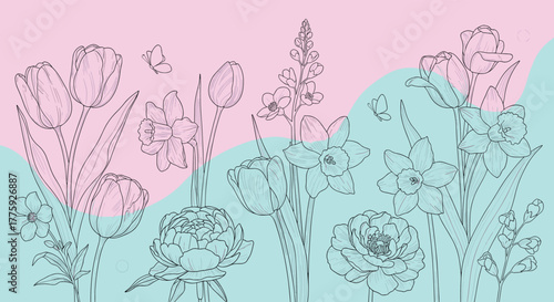 Elegant dashed line art illustration featuring a variety of spring flowers and butterflies on a pastel pink and blue wavy background.