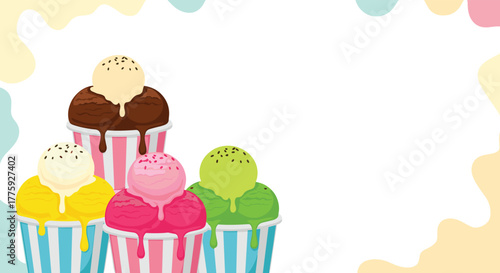 Colorful ice cream scoops in various flavors and striped cups, featuring sprinkles and melting drips, set against a pastel background.