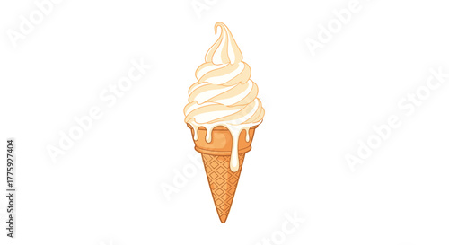 An appetizing soft-serve ice cream cone with creamy vanilla swirls and melting drips, presented in a crisp waffle cone, isolated on white.