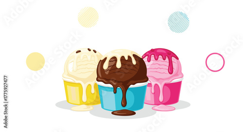 A delightful illustration of three melting ice cream scoops in colorful cups, featuring vanilla, chocolate, and strawberry flavors, perfect for summer.