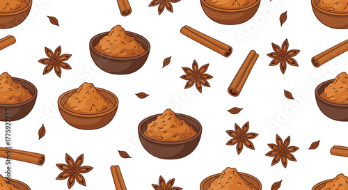 Seamless pattern featuring various aromatic spices like cinnamon sticks, star anise, and powdered cinnamon in bowls on a white background, perfect for culinary themes.