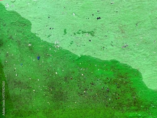 Textured green concrete wall half wet with splashes of colorful paint, ideal for abstract design backgrounds.