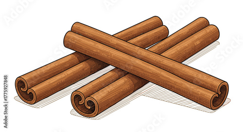 An illustration of aromatic cinnamon sticks stacked and crossed, showing their rolled texture and warm brown color.