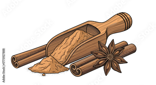 An assortment of aromatic cinnamon sticks, ground cinnamon in a wooden scoop, and a star anise, depicted in a vintage engraved style illustration.