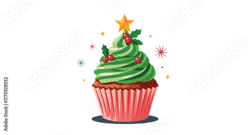 A festive Christmas cupcake topped with green frosting swirled to resemble a Christmas tree, adorned with holly berries and a golden star.
