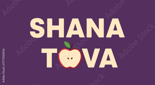 A festive greeting for Rosh Hashanah, displaying 'Shana Tova' in cream text on a purple background, with an apple slice replacing the letter 'O'.