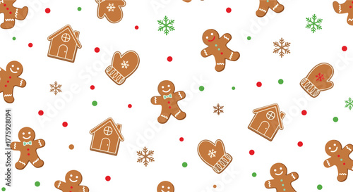 Festive Christmas seamless pattern with gingerbread cookies, houses, mittens, and snowflakes scattered over a white background, ideal for holiday designs.
