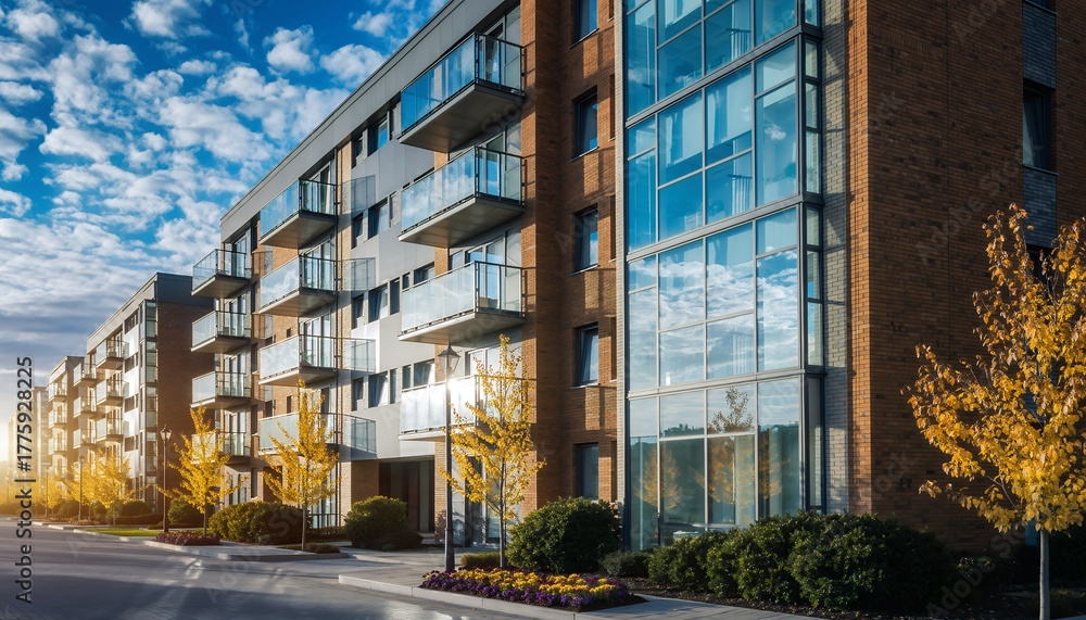 Fototapeta premium Modern apartment building exterior with glass balconies under blue sky, showcasing sunlight and autumnal trees, concept for urban living, real estate marketing and architectural design